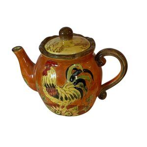 Teapot Orange Rooster Sunflower Ruffled Hand Painted Pottery Retired Design